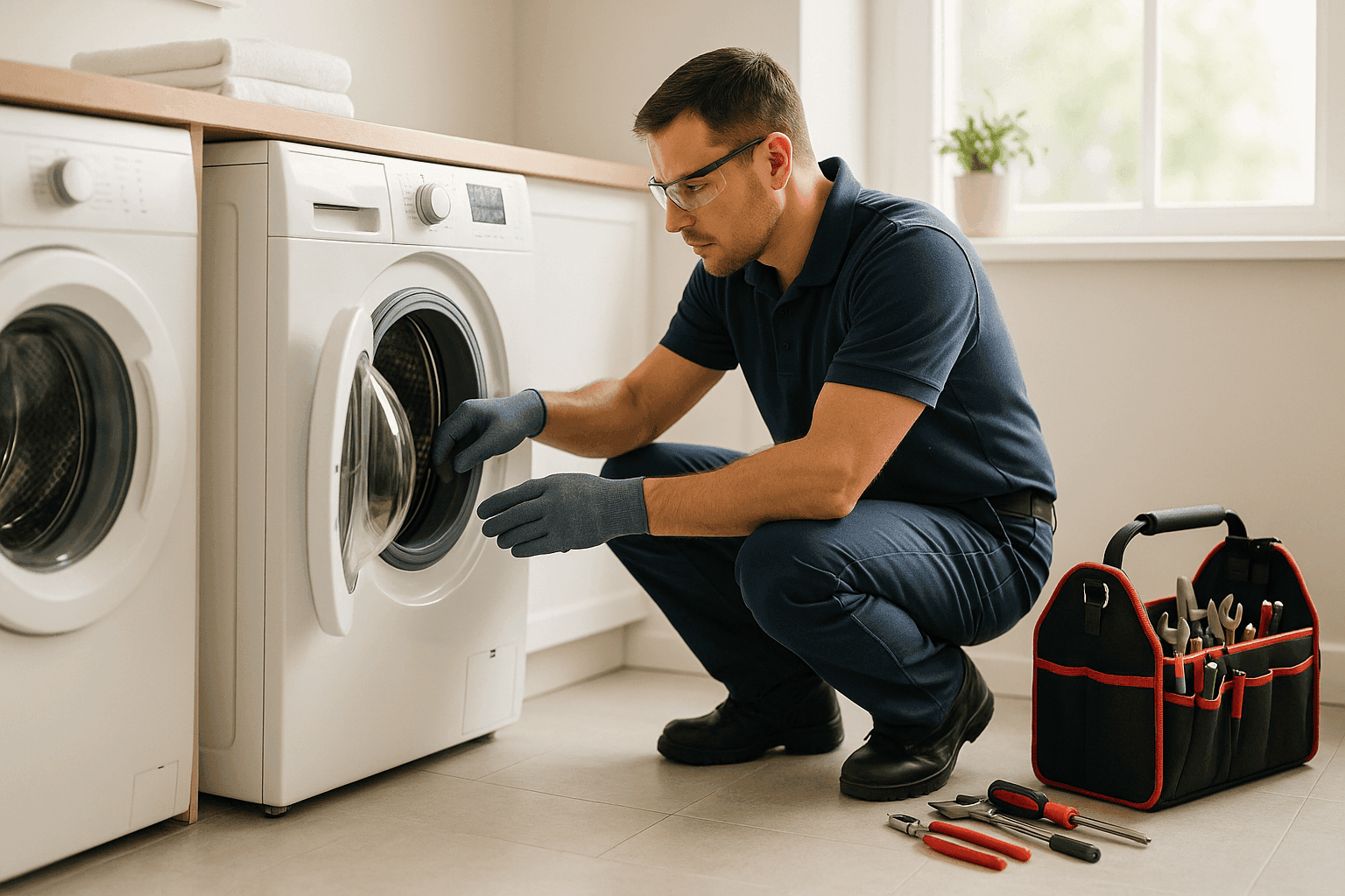 Technician inspecting a washing machine with tools on a clean floor
