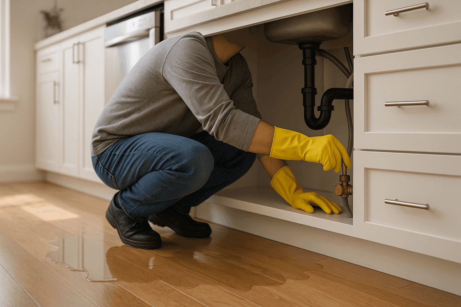 Homeowner turning off leaking dishwasher water valve in kitchen